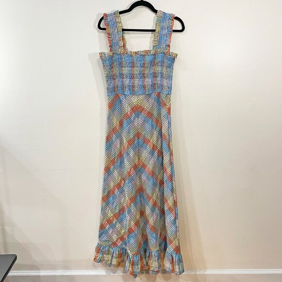 New Ganni Smocked Plaid Seersucker Maxi Dress 40, 8, M $285 - Picture 4 of 10